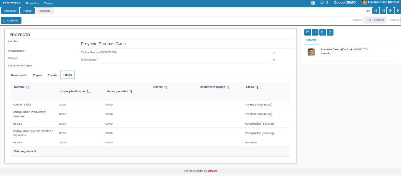 Interfaz de Qoopo ERP para procesos de constructoras y contratistas